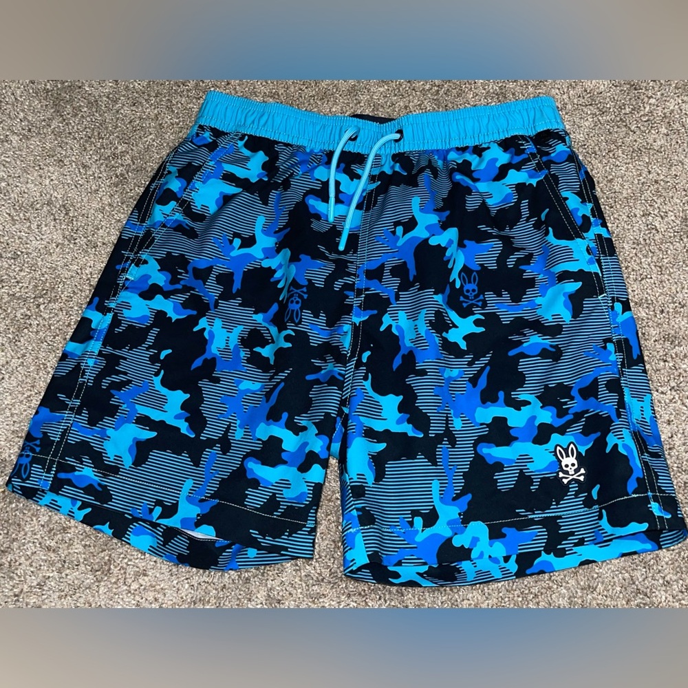 Pshyco Bunny Swim trunks boys Large 14/16 blue Rye all Over